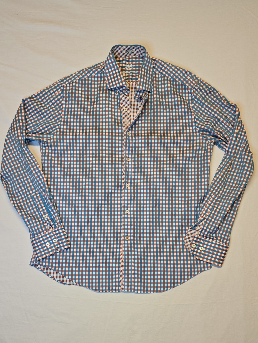 Bugatchi Plaid Blue, White & Red Button Down Long Sleeve Casual Dress Shirt